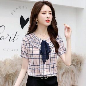Women’s Elegant Pleated Collar Plaid Print Bow Tie Neck Shirt Blouse